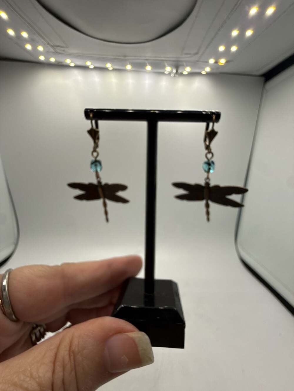 Bronze Dragonfly Leverback Earrings with Blue Crystal Beads